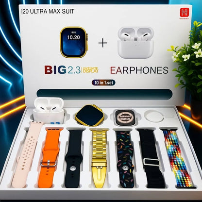 I20 Ultra Max Smart Watch with AirPods – 10-in-1 Premium Combo