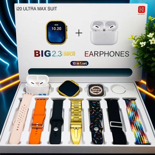 I20 Ultra Max Smart Watch with AirPods – 10-in-1 Premium Combo